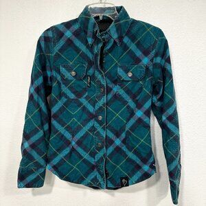 Speed and Strength Womens Reinforced Moto Shirt Teal Plaid Zip and Snap Sz Small